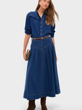 Denim Button-Front Maxi Shirt in Classic Indigo